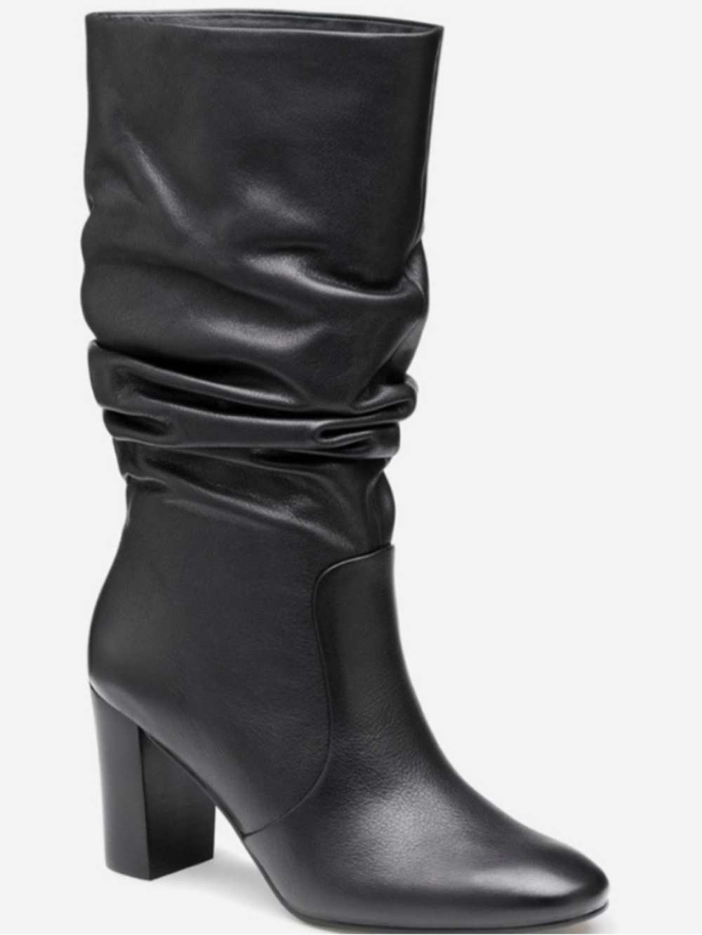 Johnston & Murphy Black Slouchy Mid-Calf Block Heel Boots